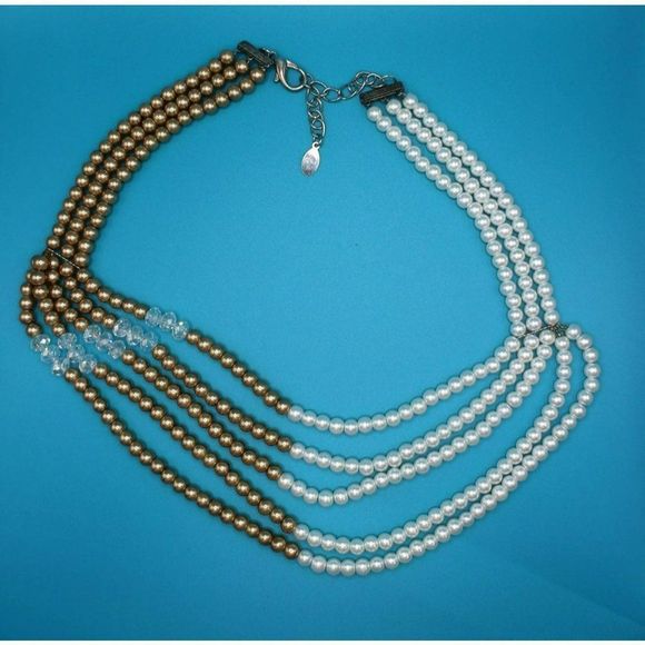 Vintage Crystal‎ & Glass Beaded Collar Necklace Layered Multi Strand Silver Tone - Picture 1 of 5